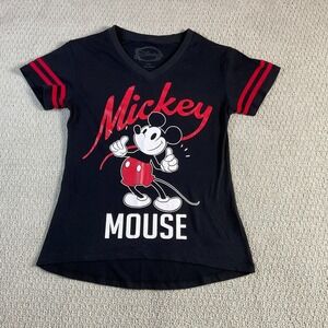 Disney Mickey Mouse Women's Black Red V Neck T Shirt Graphic Tee Size S